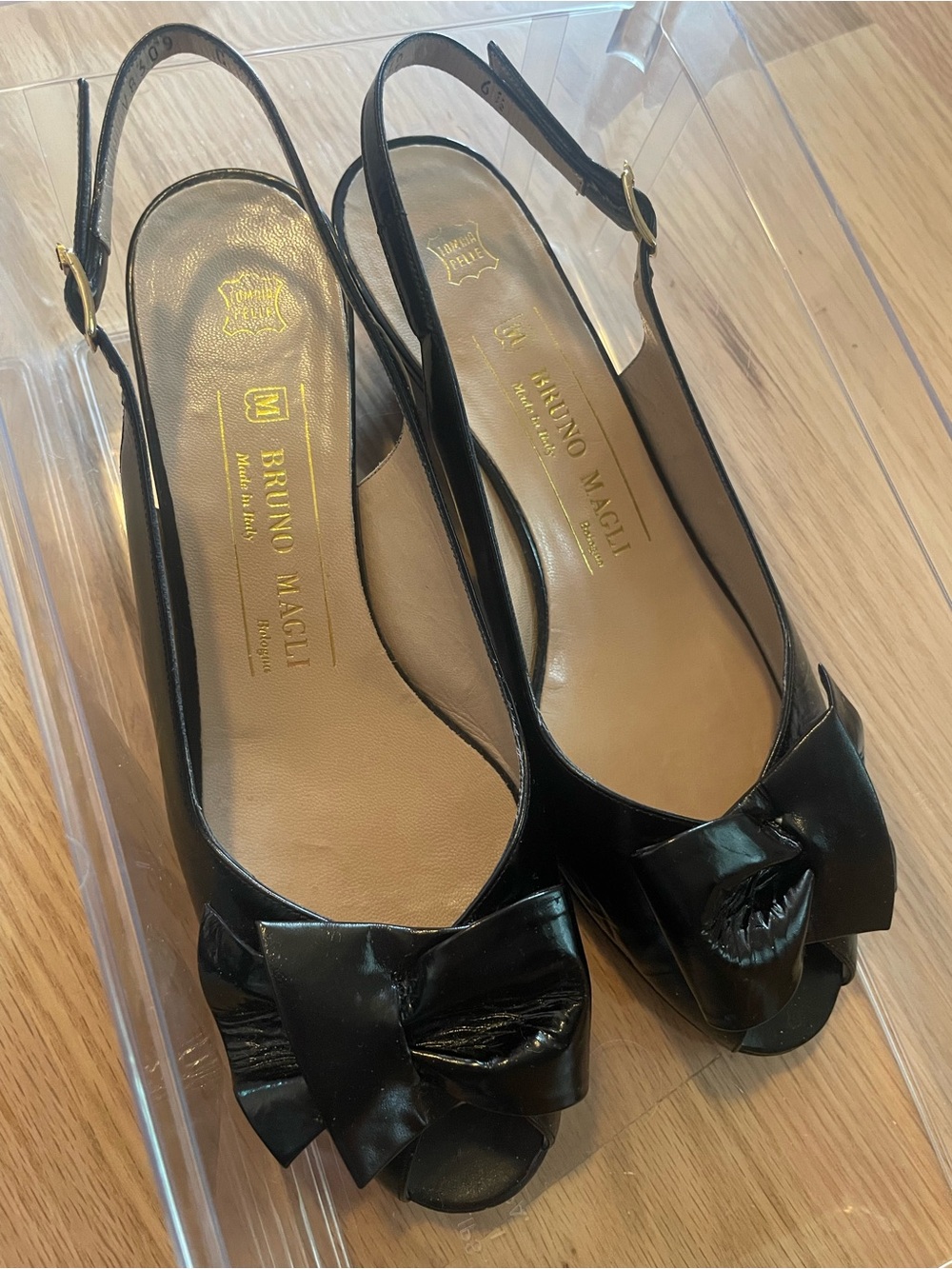 Bruno Magli Black Patent Leather Slingback Peep-Toe Heels with Bow